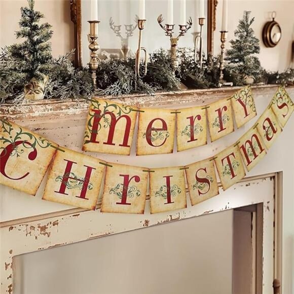 Christmas Decorations - Vintage Merry Christmas Banner - Retro Nostalgic - Picture 7 of 7